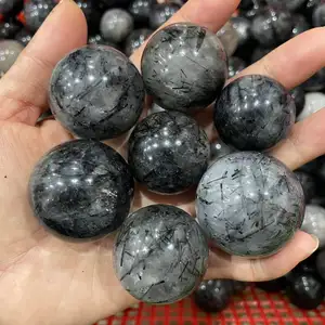 Kindfull Natural High Quality Black Rutailed Quartz Sphere Ball Healing Quartz Hand Carved Polished Ball Fengshui For Sale