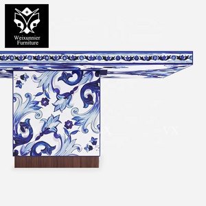 Hiện đại sang trọng 8 chỗ ngồi bàn ăn trắng sứ màu xanh Mô hình gỗ rắn mới quốc gia Trung Quốc Tính năng nội thất biệt thự - Product Image 6