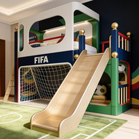 Lit mezzanine pour enfants JS Luxury en bois massif sur le thème du football avec filet de but de football, jeu sportif personnalisé pour garçons, idéal pour hôtels et appartements.