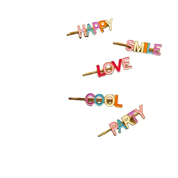 Fashion New Design Kids Girls Gold Metal Hair Clip LOVE Happy Cool Words With Rainbow Epoxy Letter Hair Pin