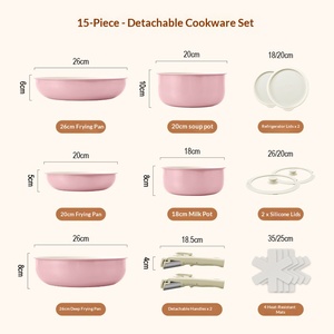 Set di <span class=keywords><strong>pentole</strong></span> da 15 pezzi coreano senza fumo in alluminio con manico staccabile, coperchio in vetro trasparente e wok con fondo a induzione - Product Image 6