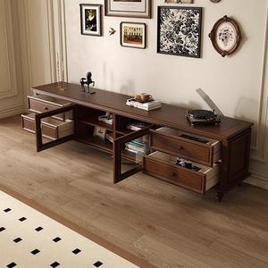 Mueble de TV de Madera Maciza Estilo Americano Logan, Color Nogal, Retro Vintage, Soporte de TV con Almacenamiento para Colocar en el Suelo - Product Image 4