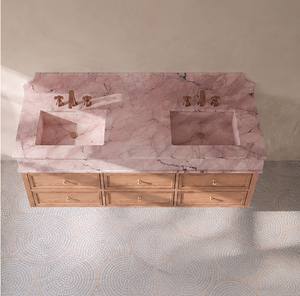 Lavabo de Mármol Rosa Natural, Mueble de Baño de Madera Maciza con Doble Lavabo, Mueble de Baño Colgante de Pared con Mármol Rosa - Product Image 3
