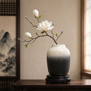 Jarrón de Cerámica con Degradado Artístico en Blanco y Negro, Textura de Arena Gruesa, Portaflores Único e Irregular para Flores Secas, Decoración de Mesa para el Hogar - Product Image 1
