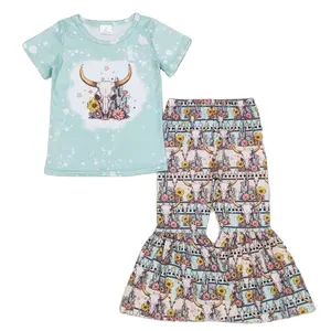be kind blue highland cow Boutique Kids Clothing Baby Girls Clothes Sets Short Sleeve T-shirt With Bell Bottom Pants 2PCS