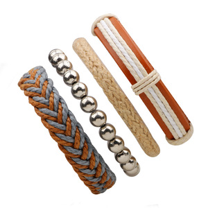 European American Style <b>Bracelet</b> Set Multi Layer Waxed Rope Hemp Leather Beaded <b>Ball</b> Design Fashion Jewelry Four Piece Set - Product Image 1