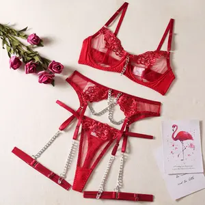 Women Sexy Red Embroidery Valentine Sexy Bedtime Underwear Lingerie Set