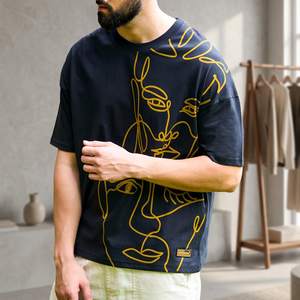 T-shirts personnalisés surdimensionnés en toile, imprimés en relief, 300g, respirants, tendance, en coton et bambou, style décontracté urbain, haute couture - Product Image 3