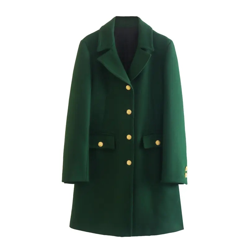 Notched collar deep green color single breasted long sleeve casual fashion women's trench coat