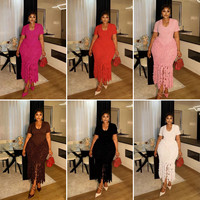 Robes d'été tendance Y9947 pour femmes, robes décontractées élégantes à col en V, manches courtes, ourlet à franges 3D, robes maxi pour femmes, robes de soirée pour femmes