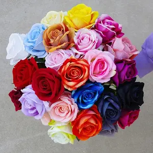 KEWEI 231 도매 가격 인공 다채로운 장미 벨벳 단일 장미 지점 결혼식 꽃 공급 업체