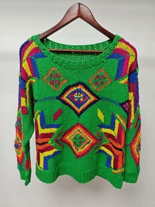 Pull Femme Décontracté Boho Bohème Tricoté Laine/Cachemire Multicolore Motif Argyle en Vert avec Logo Devant - Product Image 2