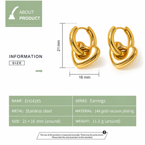 Boucles d'oreilles en forme de cœur, or 14 carats, plaqué or sous vide, acier inoxydable - Product Image 2