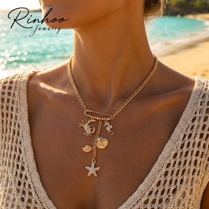 Nouveau <span class=keywords><strong>Collier</strong></span> Tendance pour Femme avec Pendentifs Épingle à Cravate, <span class=keywords><strong>Strass</strong></span>, Étoile de Mer, Pompon, Épingle de Sûreté Créative, Crabes et Hippocampes, Bijoux - Product Image 1