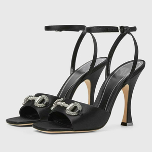 Sandales à talons hauts pour femmes, en soie, à bout carré ouvert, avec bride de cheville, style escarpins, ornées de chaînes de diamants, pour tenues sexy - Product Image 4