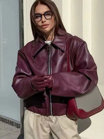 ZEVITY – veste en simili cuir rouge vin, style streetwear, pour l'automne et l'hiver, vêtement d'extérieur tendance, fermeture éclair standard, col rabattable, manteaux en PU