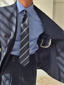 <span class=keywords><strong>Costume</strong></span> d'affaires italien élégant à double boutonnage rayé pour les loisirs Gentleman <span class=keywords><strong>bleu</strong></span> <span class=keywords><strong>marine</strong></span> costumes pour hommes <span class=keywords><strong>pantalon</strong></span> à fermeture éclair - Product Image 5