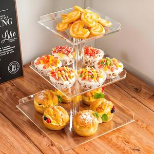 Estante para <span class=keywords><strong>Tartas</strong></span> acrílico de tres capas, respetuoso con el medio ambiente, vitrina cuadrada para tarta de huevo y pan, superficie pulida para fiesta de boda - Product Image 1