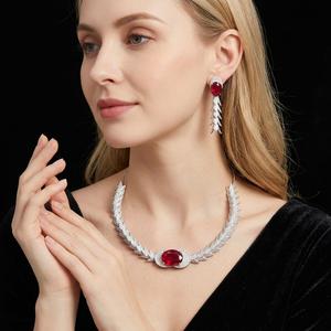 Brass Silver Plated Cubic Zirconia <b>Ruby</b> Gemstone <b>Necklace</b> Set CZ Bridal Jewellery Set With Matching Earrings For Women - Product Image 3