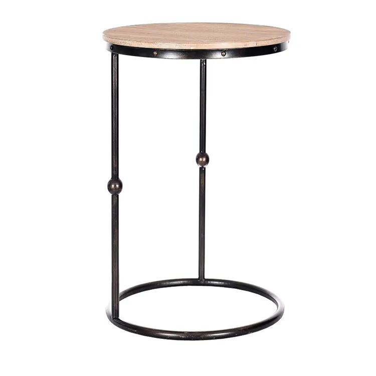 C table round shape natural wood tray top black metal frame beaded base work as home c shape table with wheels