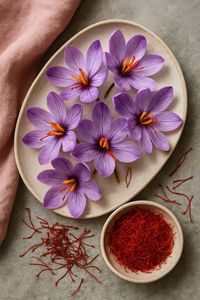 Fleur de crocus violette avec fils de safran rouge sur surface en bois - Product Image 5