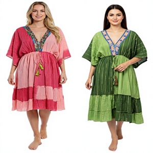 V-Neck A-Line viscose Gown Patchwork Knee-Length Vacation Style Summer evening boho dresses online wholesale shop - Product Image 1