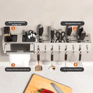 Porte-ustensiles de cuisine multifonctionnel sans perçage Porte-ventouse mural en métal Cage à baguettes <span class=keywords><strong>Rangement</strong></span> pour couteaux et serviettes - Product Image 2