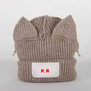 Custom Logo Cat Ears Chunky Knit Beanie Funny Hat Fluffy Winter Cute Fox Ear Cap Warm Knit Crochet Skull Cap