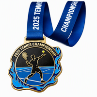 Individuelle Tennismedaille mit Band, Gold-Blau-Flammen-Design für Meisterschaftsauszeichnungen, individuelles Logo, OEM-Fabrik, Großhandel