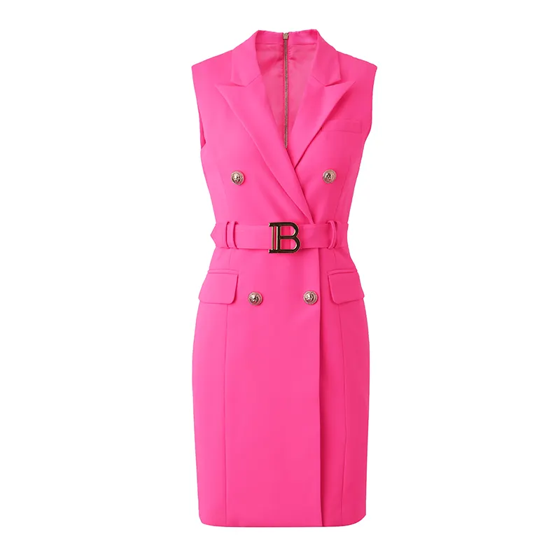American Style Y2K Sleeveless Notched Short Length Popular Fluorescent Pink Mini Women Dress with Belt