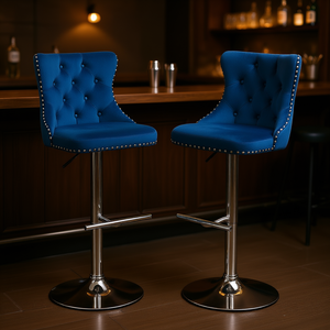 Blue Velvet Bar <b>Stools</b> Chrome Base <b>Adjustable</b> Height Swivel Tufted Back Commercial Furniture - Product Image 2