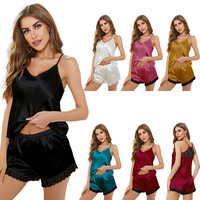 Set Piyama Celana Pendek Kamisol Tanpa Lengan Tanpa Kerah Poliester Set Dua Potong Musim Panas Wanita Pakaian Santai Seksi Bernapas