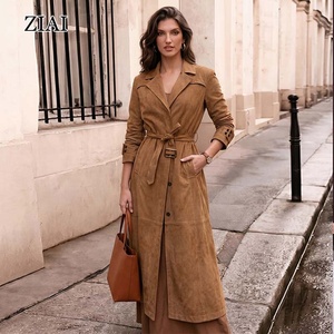 Trench Coat in <span class=keywords><strong>Camoscio</strong></span> Color Cuoio da <span class=keywords><strong>Donna</strong></span> con Cintura |   Giacca Lunga Casual Autunnale 2026, in Morbida Pelle Scamosciata Vegana con Cintura in Vita - Product Image 2