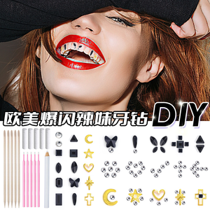 Flashy panas bergaya Gadis datar hitam kaca kristal gigi permata Kit trendi seni gigi berlian dekorasi perhiasan setelan - Product Image 2