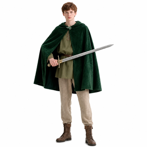 Accessoire de costume de <span class=keywords><strong>ranger</strong></span> médiéval : Cape à capuche en velours, Chemise en lin à lacets, Ceinture en cuir celtique, Protège-poignets à rivets, Porte-clés squelette - Product Image 5