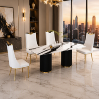 Ensemble de table à manger moderne en pierre frittée de luxe italienne, table rectangulaire à motif marbre blanc avec 6 chaises en cuir PU, pieds dorés