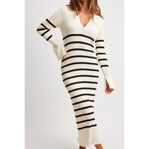 เดรสไหมพรมแขนพองทรงวีคอ ลายทาง แขนยาวทรงบาน สำหรับฤดูใบไม้ร่วง - Product Image 4