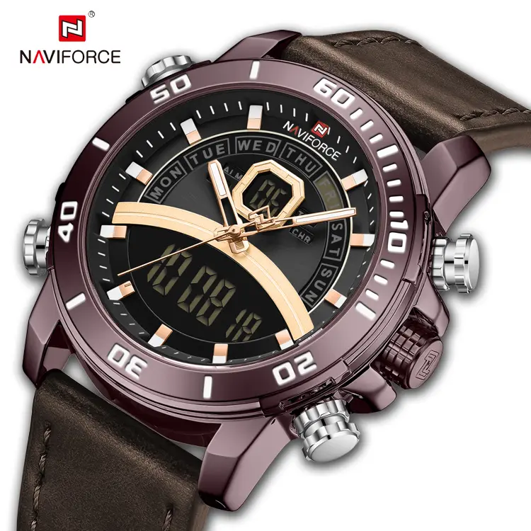 NAVIFORCE 9181L CEBD.BN Dual Display Quartz Wristwatches Leather Strap LCD Digital Analog Men's temperament Watches Relogio