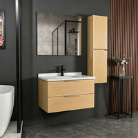 Meuble-lavabo mural moderne en contreplaqué étanche avec miroir LED, design écologique et construction durable pour salle de bain