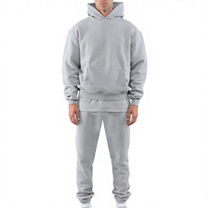Men Gray Hooded Sweatshirt and Sweatpants Tracksuit Full Sleeve Solid Color Casual Wear 100% Cotton Midweight Autumn <b>Outfit</b> - Product Image 1