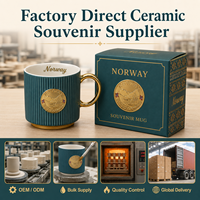 Mug à café en céramique souvenir touristique Norvège, design drapeau et bâtiment emblématique, badge métallique, pour porcelaine fine, personnalisation OEM ODM, vente en gros