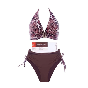 Costume da bagno bikini taglie forti HDJ con stampa serpente, top all'americana con fibbia e slip marrone con laccetti laterali, set due pezzi da donna - Product Image 1