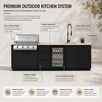 Ensemble d'armoires de cuisine extérieures modernes et modulaires, noir mat, avec évier BBQ et refroidisseur de boissons, pour villa et patio