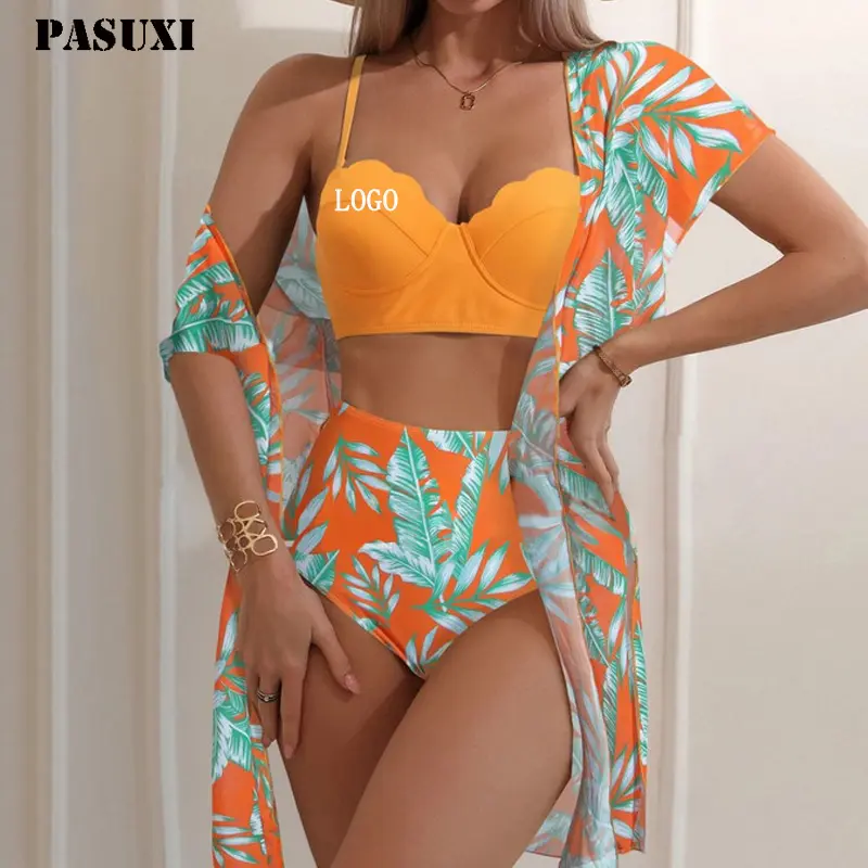 PASUXI özel 2024 seksi Bikini mayo baskı kadın plaj 3 parça kadınlar için Bikini seti seksi yüksek bel mayo