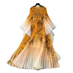 Robe élégante de style <span class=keywords><strong>russe</strong></span> traditionnel à manches trompette, imprimé floral, en polyester, taille cintrée, manches chauve-souris plissées, grande taille - Product Image 5