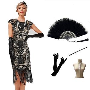 Femmes clapet grand GATSBY fête paillettes gland col en V robe ventilateur collier gants boucle d'oreille ensemble 1920s accessoires ensemble - Product Image 1