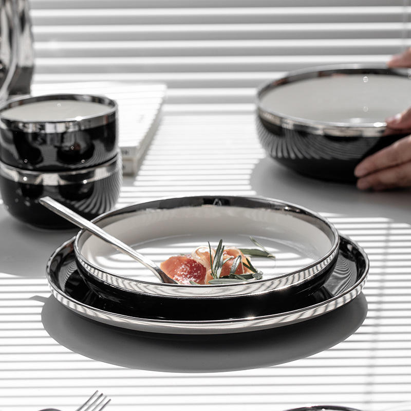 Black Silver Rim Ceramic Dinning Plates Sets Porcelain Dinnerware Tableware  Set Luxury 16pcs Crockery Dinner Sets for Restaurant