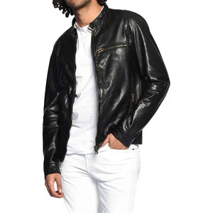 Men's Genuine Leather Breathable Moto Jacket Slim Fit Covered Button Closure Black Autumn Wear Stand Front Faux <b>Fur</b> Lining - Product Image 4