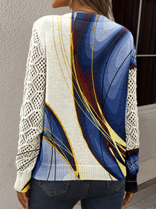 Pull en maille respirant pour femme, imprimé abstrait, col en V, manches longues, maille ajourée, 100 % polyester, style artistique, collection 2026 - Product Image 3