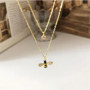 Colar de ouro em camadas para mulheres, joia delicada de prata esterlina 925 CZ, pingente de abelha de mel e diamantes, joia Vermeil 18k